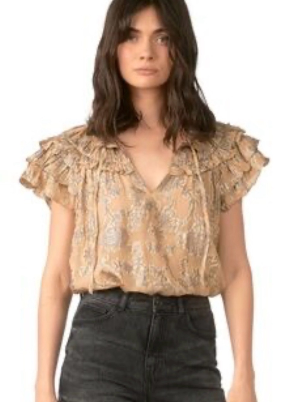 Sen Size Medium Ruffled V-Neck Floral Blouse in Tan with Shimmer detail
